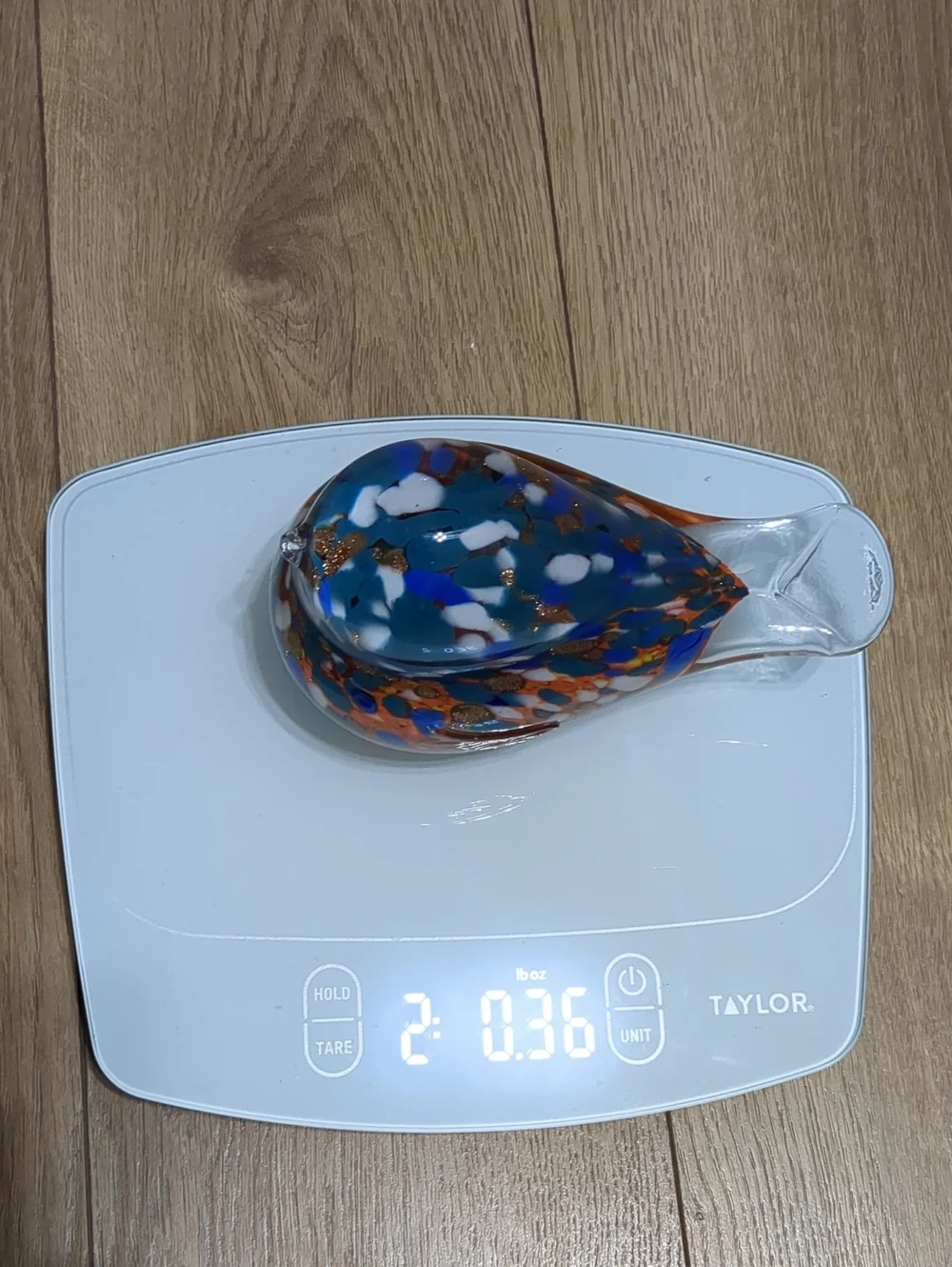 Art Glass Bird Clear, Orange Blue Paperweight